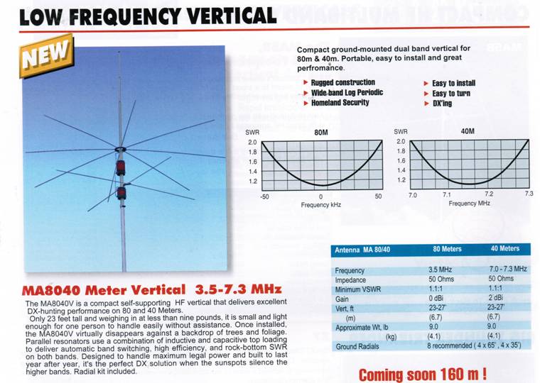 MA8040 Meter Vertical 3.5-7.3 MHz

The MA8040V is a combat self supporting HF vertical that delivers excellent DX-hunting performace on 80 and 40 Meters

Only 23 feet tall and weighing in a less then nine pounds, it is small and lights enough for one person to handle easily without assistance.  Once installed the MA8040V virually disappears against a backdrop of trees and foliage.  Parallel resonators use a combination of inductive and capacitive top loading to deliver automatic band switching, high efficienty, and rock-bottom SWR on both bands.  Designed to handle maximum legal power and built to last year after year.