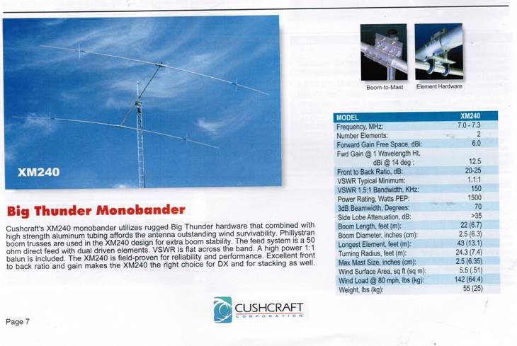 BIG Thunder MonoBander

XM240

Cushcraft's XM240 monobander utilizes rugged Big Thunder hardware that combined with high strength aluminum tubbing affords the antenna outsantding wind survivability phillystran boom trusses area used in the XM240 design for extra boom stabilitiy.  The feed system is a 50 ohm direct feed with a dual driven elements.  VSWR is flat across the band.  A high power 1:1 balun is included.  The XM240 is field proven for reliability and performance.  Excellent front to back ratio and gain makes the XM240 the right choice for DX and for stacking as well.