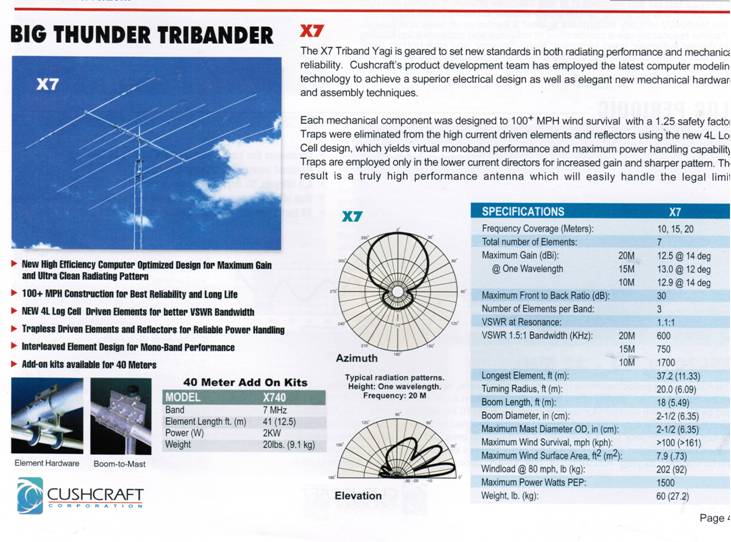 X7

The X7 Triband Yagi is geared to set new standards in both radiating performance and mechanical realiability. Cushcraft's product development team has employed the lastest computer modeling technology to achieve a superior electrical design as well as elegant new mechanical hardware and assembly techniques.

